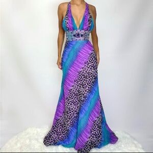 Night Moves Purple & Teal Ombre Leopard Halter Evening Gown